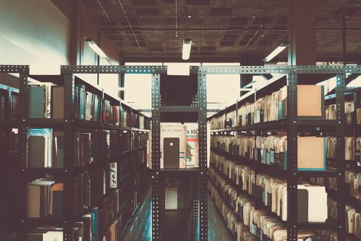 Rows of library shelves evoking the index-style directory of the Hidden Wiki
