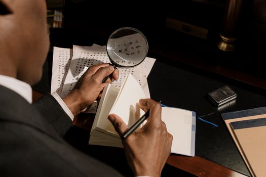 A magnifying glass over encrypted documents in moody light, evoking searching Tor hidden services